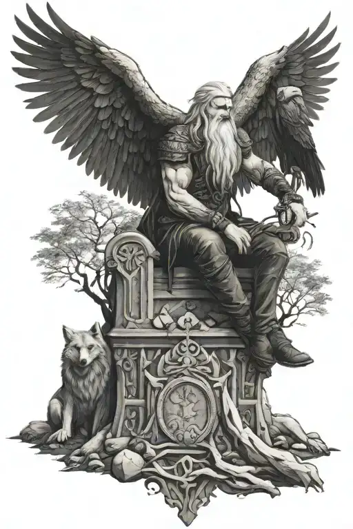 back tatto from yggdrassil and odin sitting on a throne of stones at the roots with his raven and wolves tattoo design idea