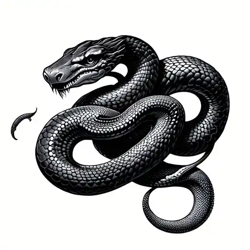"Black and grey fine line tattoo design of a three-headed snake. The snake’s bodies intertwine and flow downward, with t tattoo design idea