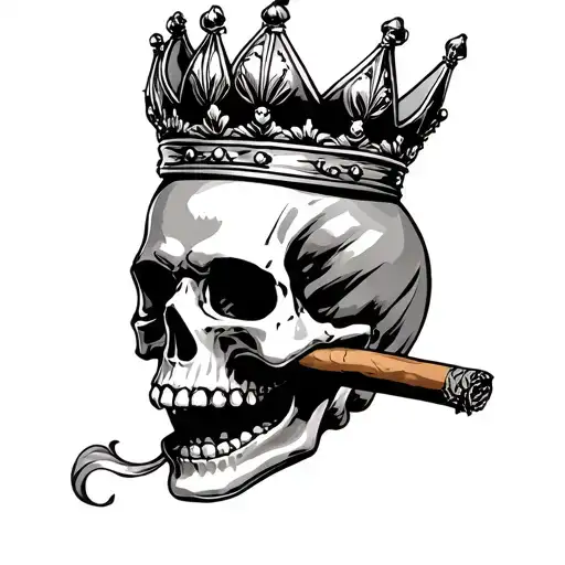 skull wearing a crown with a cigar in the mouth open tattoo design idea