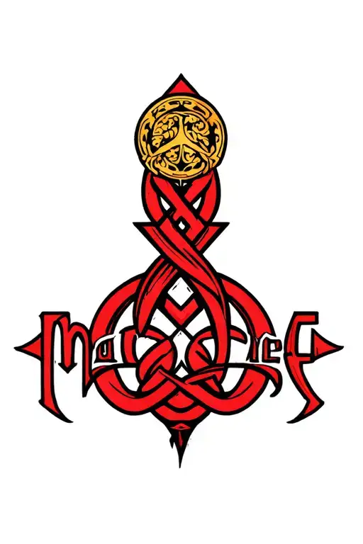 the name Maurice going up and dowm with symbol intertwined representing love, strength, protection, and peace tattoo design idea