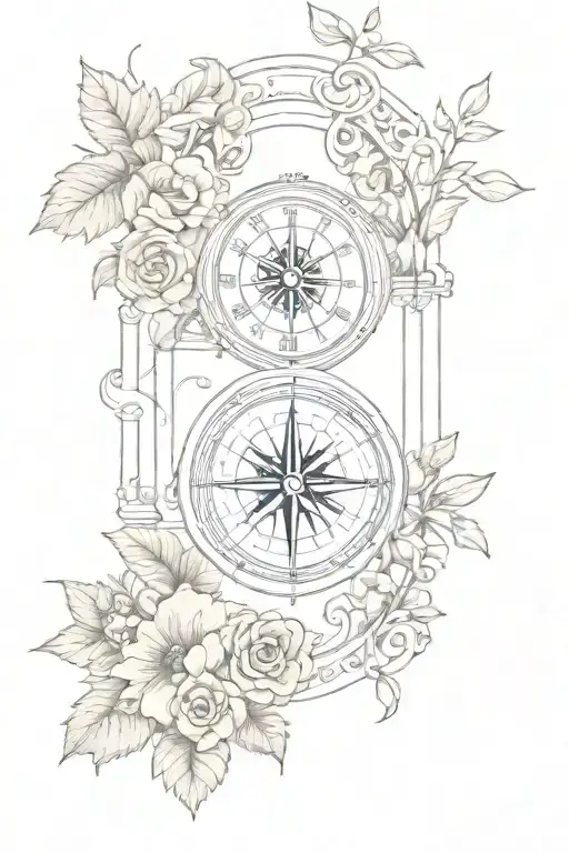 Tattoo Featuring Roman Buildings, And Compass Surrounded By Flowers And Vines tattoo design idea