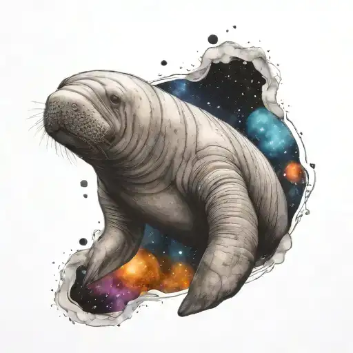 A realistic manatee floating in space tattoo design idea