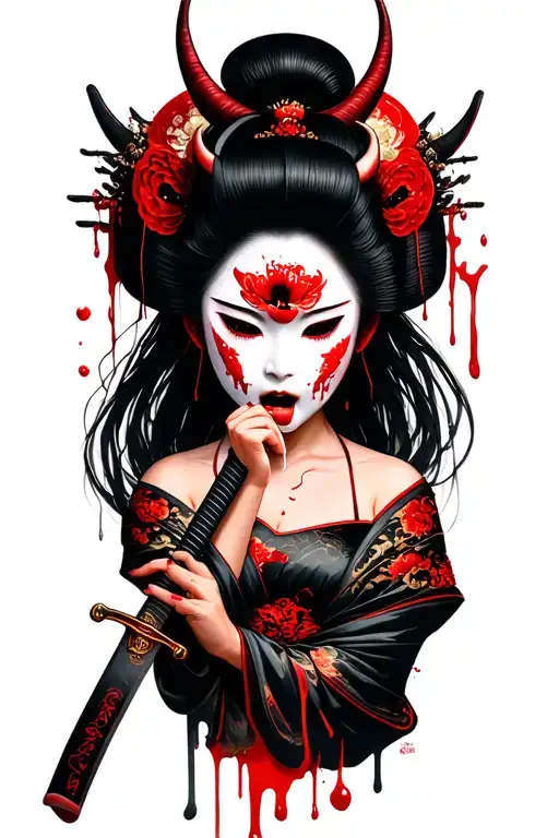 Geisha with broken oni mask licking blood off of katana tattoo design idea