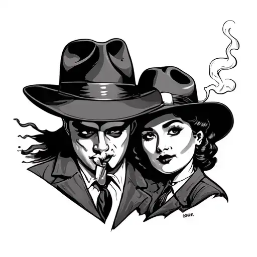 cartoon Bonnie and Clyde smoking blunt made tattoo design idea
