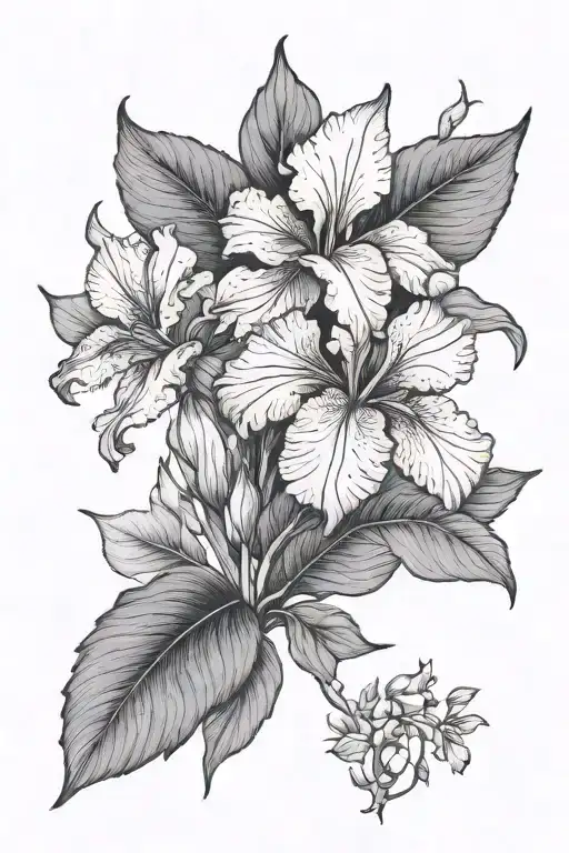 iris flower, rose, Ivy leaves. tattoo design idea