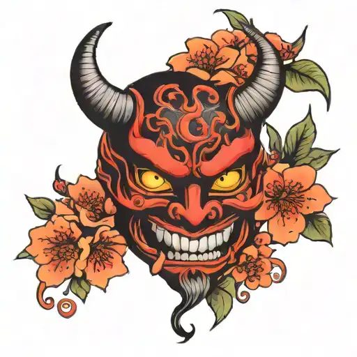 demon hanya mask with cherry blossoms tattoo design idea