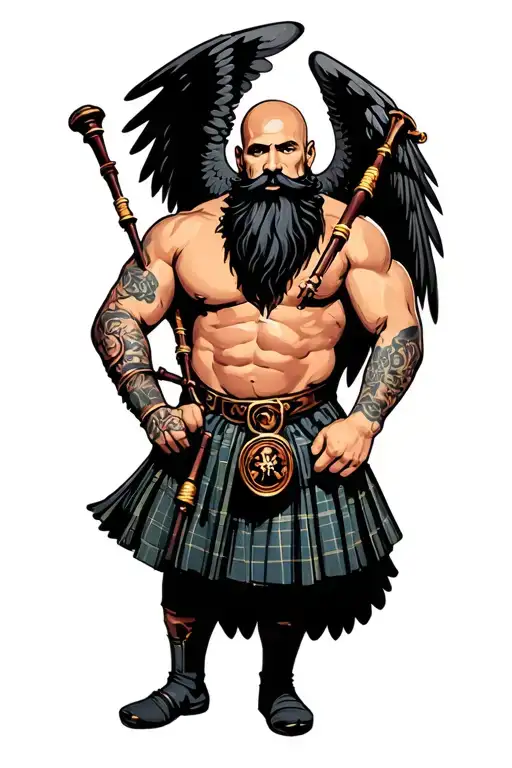bagpipes in left arm bald shirtless muscular bagpiper black beard with two huge black wings  tattoo design idea