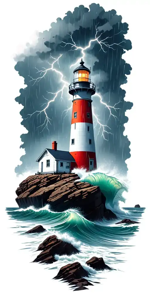 lighthouse on rocks with waves crashing in a rainstorm and lightning strikes  tattoo design idea