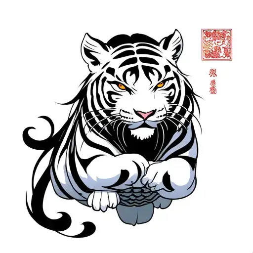 Irezumi tattoo: Byakko, mythological white tiger, which runs up in inari, long black hair, miko kimono tattoo design idea