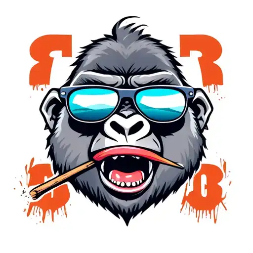 gorilla wearing sunglasses, with a pierced lip and ears, biting a splintered wooden toothpick in full color tattoo design idea