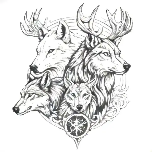 wolf, deer head, brothers tattoo design idea