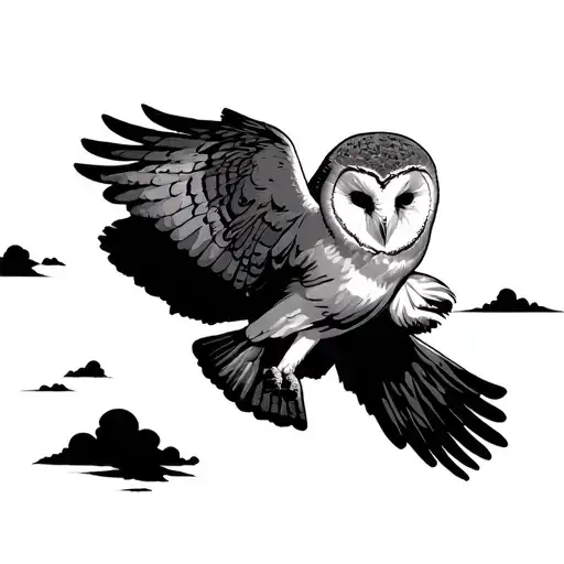 "David" barn owl flying forward with bright light behind the clouds tattoo design idea