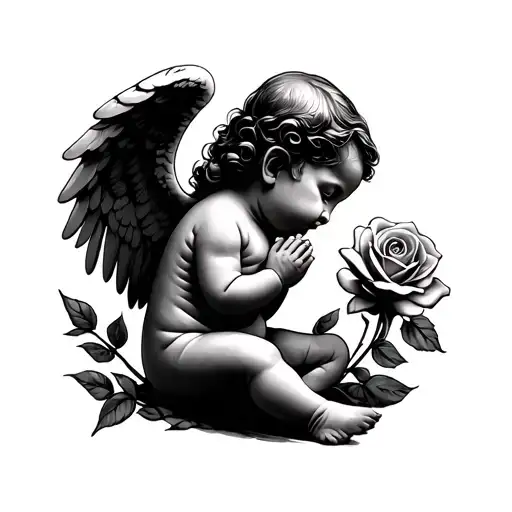 An angel baby praying with a rose and flashes tattoo design idea