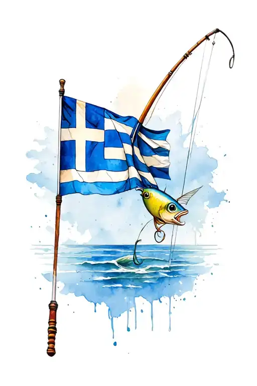 Fishing Pole with greek flag tattoo design idea