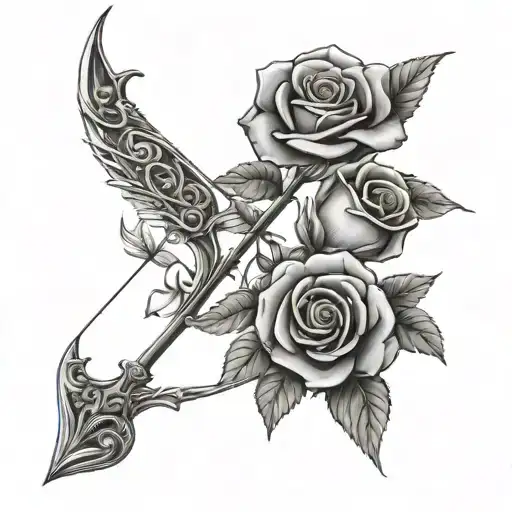 A bow with an arrow pulled back with roses and vines through it  tattoo design idea