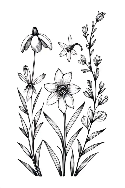 a dainty black fine line array of flowers including a snowdrop, violet, daffodil, sweet pea, and honeysuckle, with small tattoo design idea