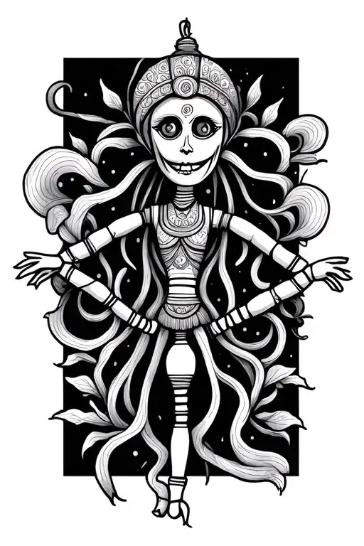 black line work puppet on a string, mandala style tattoo design idea