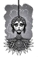 black line work puppet on a string, mandala style tattoo design idea