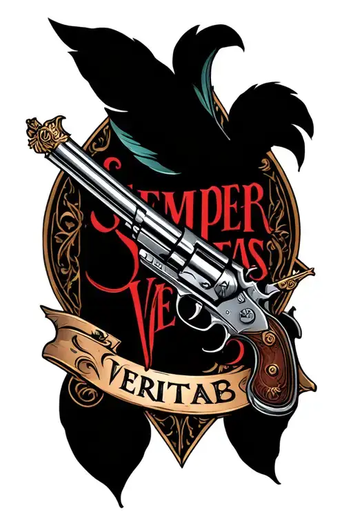 "SEMPER VERITAS" quill pen crossed with flintlock pistol tattoo design idea