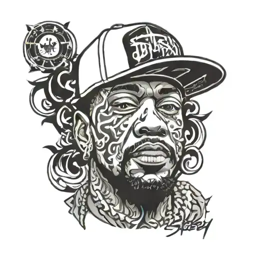 James Dewitt Yancey with stussy detroit cap and a detroit warmup shirt tattoo design idea