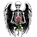 Skeleton with open angel wings offering a rose tattoo design idea