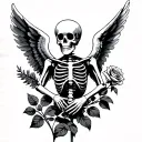 Skeleton with open angel wings offering a rose tattoo design idea
