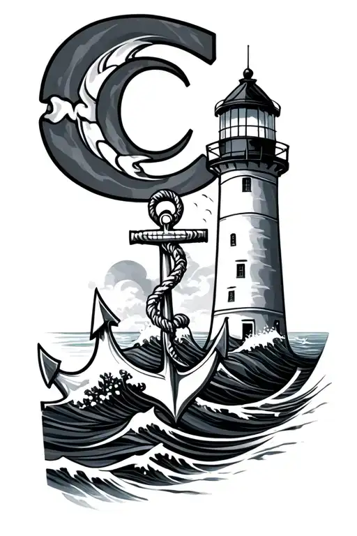 waves, G, C, Anchor, Lighthouse tattoo design idea