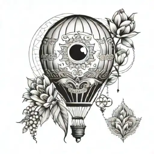 hot air balloon with evil eye and Turkish tulips black and grey tattoo design idea
