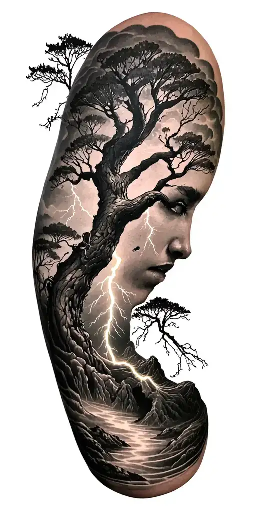 rume and tree and lightning tattoo design idea