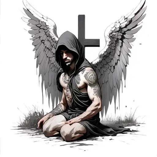 a hooded man kneeling infront of a cross with decaying angel wings on his back  tattoo design idea