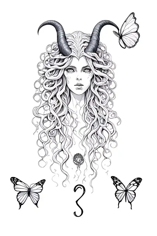 poison tree, medusa that has maleficent horn, and semicolon with a butterfly  tattoo design idea