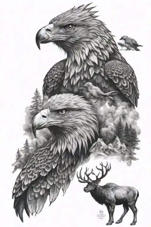 woolf eagle bear elk totem black and white tattoo design idea