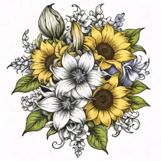 Small sunflower, columbine, lily, iris flower tattoo bouquet on wrist  tattoo design idea