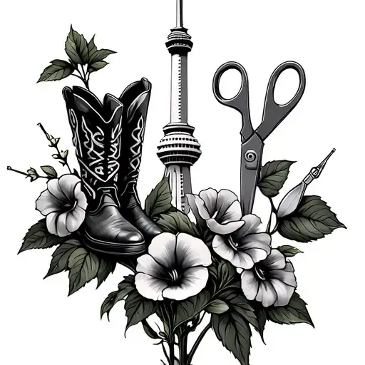 morning glory flowers with hidden cn tower, cowboy boots, hairdressing scissors and needle in the stems and leaves. tattoo design idea