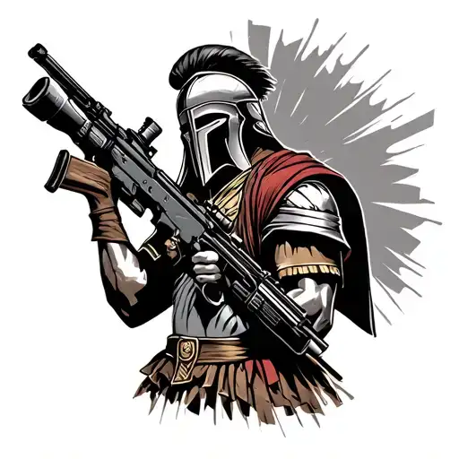A Spartan warrior holding a modern sniper rifle, symbolizing the fusion of ancient and modern warfare tattoo design idea