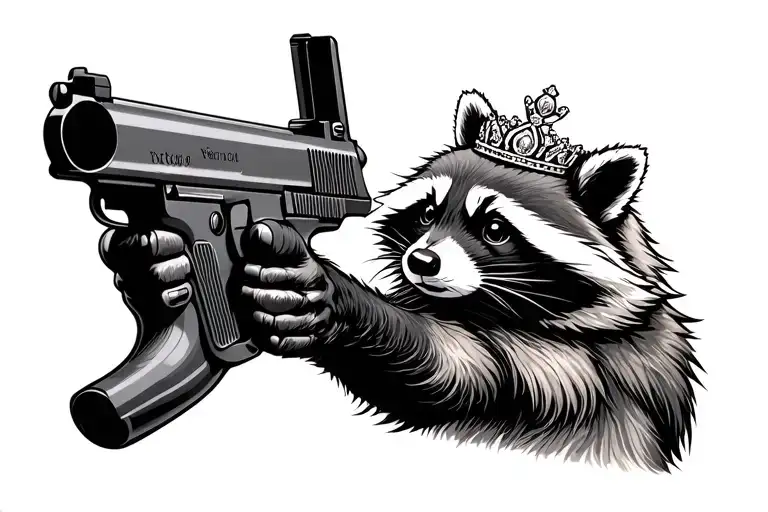 raccoon aiming a gun wearing a tiara tattoo design idea