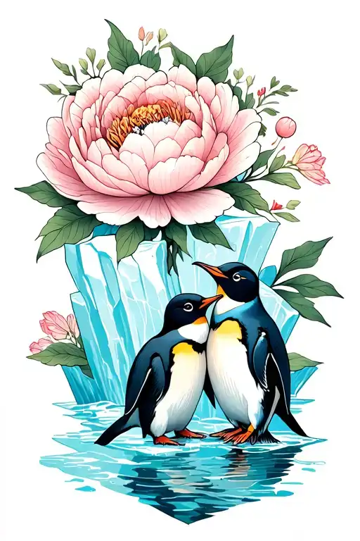 pair penguins in love under long stem peony on iceberg tattoo design idea