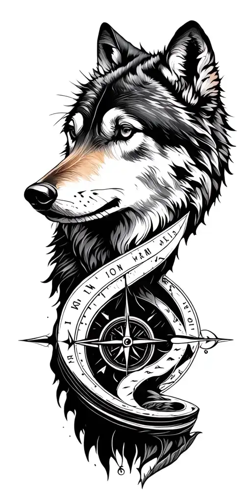 Compass, wolf, river, forest, travel, fishing, tourism minimalism, geometry tattoo design idea