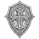 cross inside shield engraved tattoo design idea