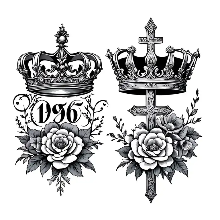 quote left, crown right and 1996 middle intertwined with flowers and cross tattoo design idea