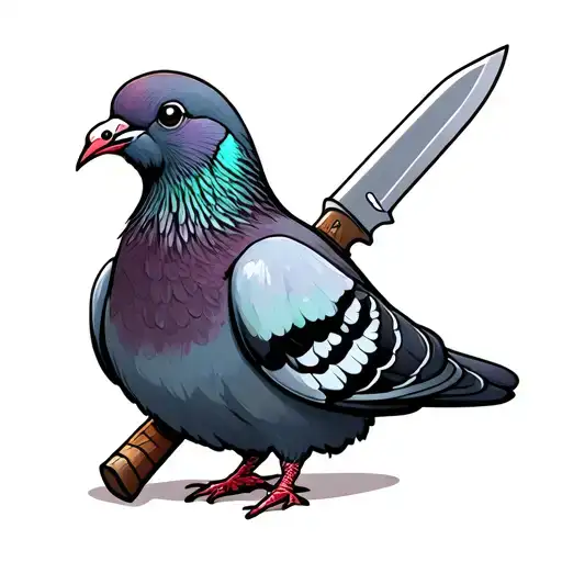 Cute chubby pigeon holding knife in beak open tattoo design idea