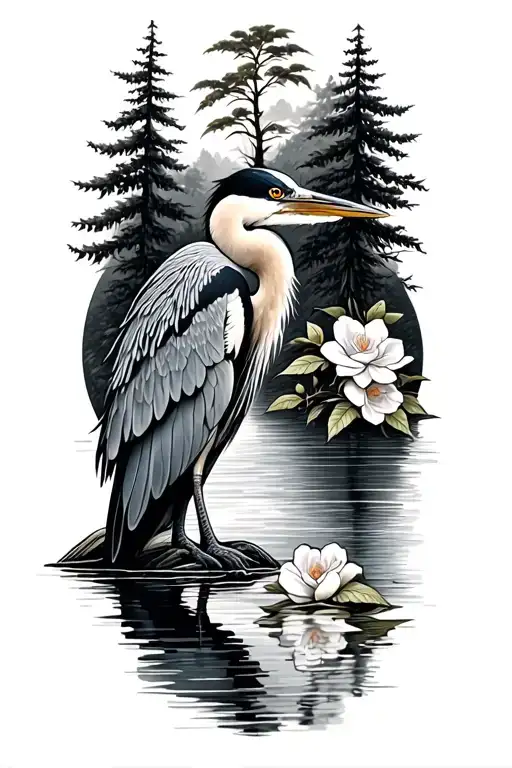 flowing river, great blue heron, cypress trees, camelia flowers tattoo design idea