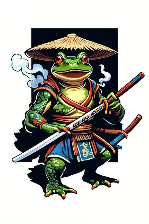 japanese style samurai frog wearing a straw hat and has a samurai sword and also smoking tattoo design idea
