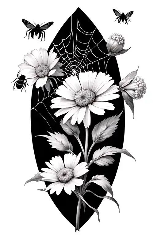 carnation,narcissus, daisy flower no stem with spider web and spider separated by thread add butterfly and bees tattoo design idea