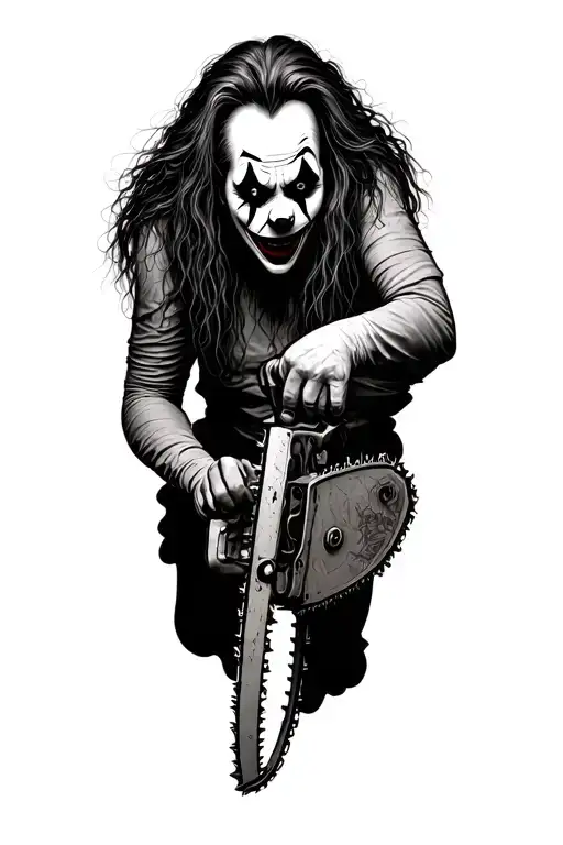 a black and white terrifying and dark-looking clown with long hair, holding a chainsaw tattoo design idea