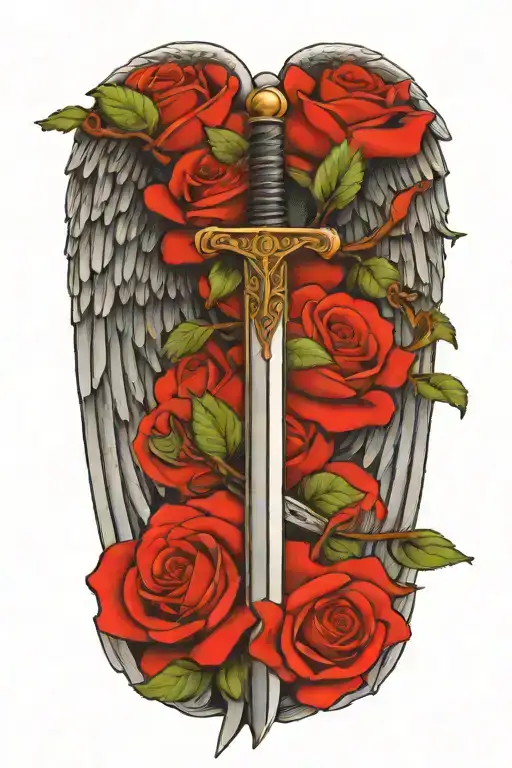 angel wings behind sword, roses tattoo design idea