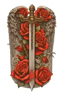 angel wings behind sword, roses tattoo design idea
