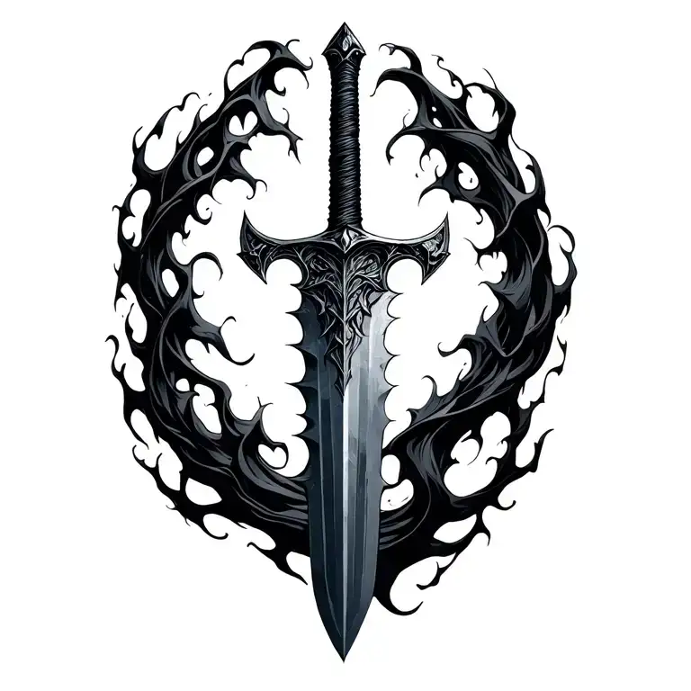 a dark serrated sword surrounded by drifting wisps of shadow. The blade looks forged from darkness itself — jagged edges tattoo design idea