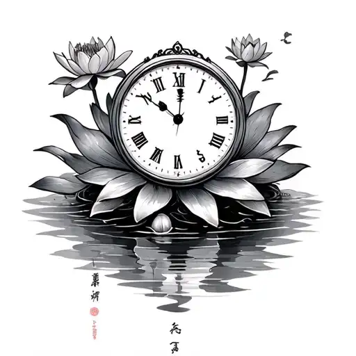 Japanese clock on water lily tattoo design idea
