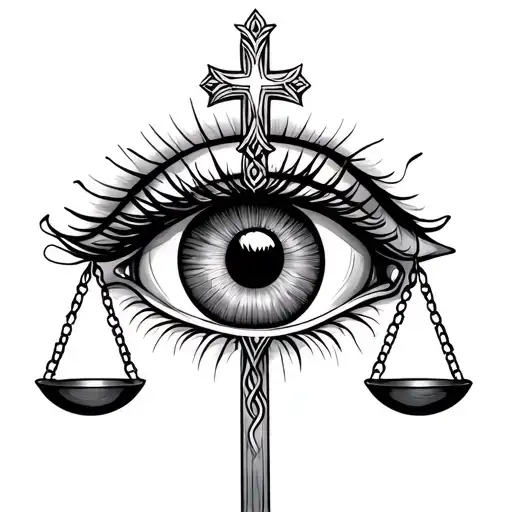 eye with cross and scales of justice intertwined tattoo design idea